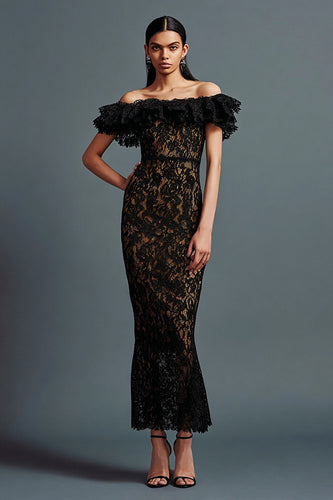 Black Lace Mermaid Off the Shoulder Long Formal Dress with Ruffles