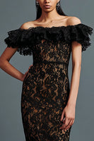 Load image into Gallery viewer, Black Lace Mermaid Off the Shoulder Long Formal Dress with Ruffles