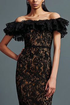 Black Lace Mermaid Off the Shoulder Long Formal Dress with Ruffles