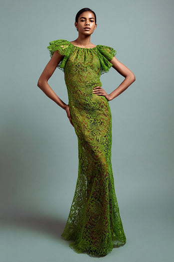 Green Lace Mermaid Ruffled Long Formal Dress