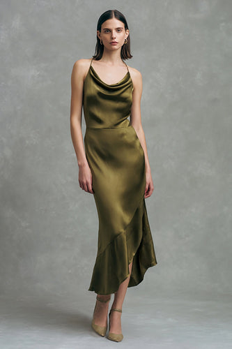 Olive Cowl Neck Satin Asymmetrical Formal Dress with Ruffles