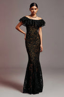 Load image into Gallery viewer, Black Mermaid Off the Shoulder Long Lace Formal Dress with Ruffles