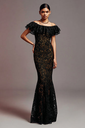 Black Mermaid Off the Shoulder Long Lace Formal Dress with Ruffles