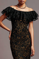 Load image into Gallery viewer, Black Mermaid Off the Shoulder Long Lace Formal Dress with Ruffles