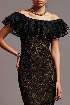 Black Mermaid Off the Shoulder Long Lace Formal Dress with Ruffles