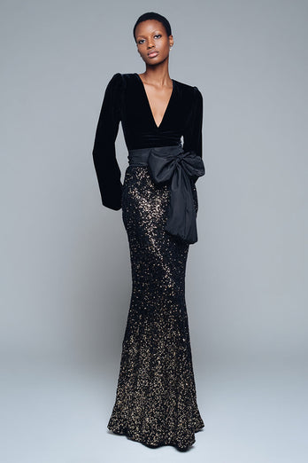 Sparkly Black V-Neck Sequins Long Sleeves Holiday Party Dress with Bow