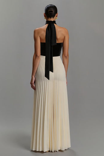 Black and White Neck Scarf Strapless Long Formal Dress with Pleats