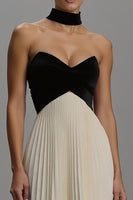 Load image into Gallery viewer, Black and White Neck Scarf Strapless Long Formal Dress with Pleats