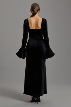 Black Sheath Velvet Square Neck Long Formal Dress with Sleeves