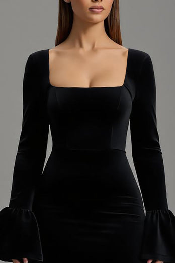 Black Sheath Velvet Square Neck Long Formal Dress with Sleeves