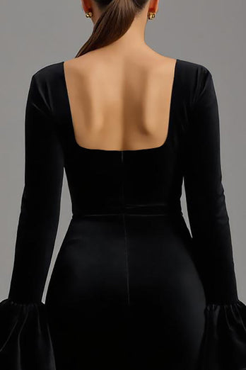 Black Sheath Velvet Square Neck Long Formal Dress with Sleeves