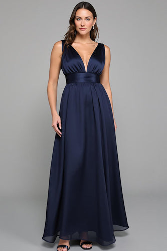 Navy Deep V Neck A Line Long Formal Dress