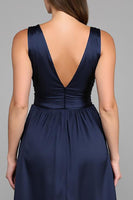 Load image into Gallery viewer, Navy Deep V Neck A Line Long Formal Dress