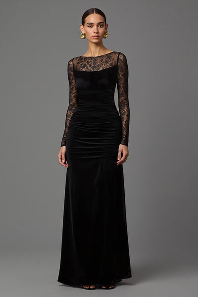 Women Black Velvet Sheath Long Formal Dress with Sleeves Illusion Neck Holiday Party Dress with Lace