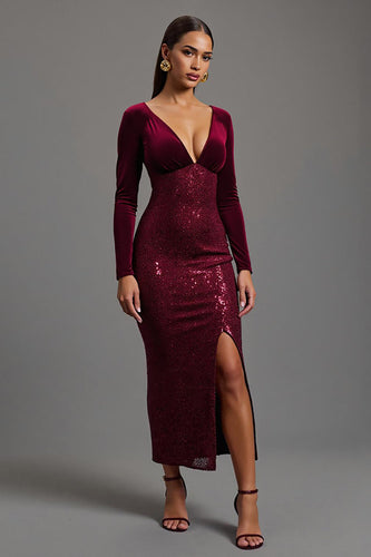 Sparkly Burgundy Sequins Sheath Long Sleeves Formal Dress with Slit