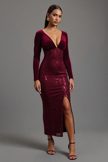 Sparkly Burgundy Sequins Sheath Long Sleeves Formal Dress with Slit
