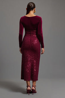 Sparkly Burgundy Sequins Sheath Long Sleeves Formal Dress with Slit