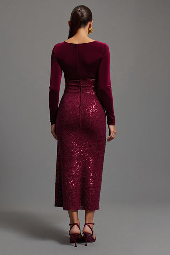 Sparkly Burgundy Sequins Sheath Long Sleeves Formal Dress with Slit