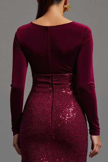 Sparkly Burgundy Sequins Sheath Long Sleeves Formal Dress with Slit