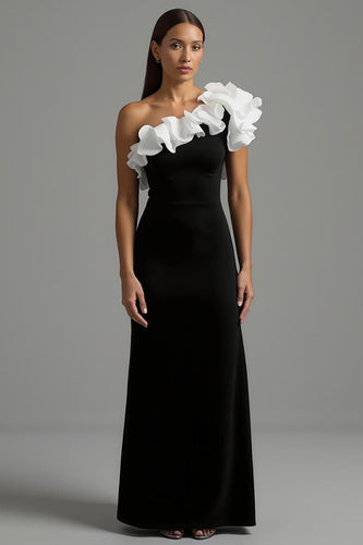 Black and White Ruffled One Shoulder Long Formal Dress