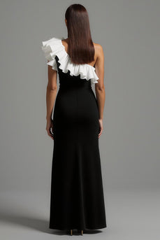 Black and White Ruffled One Shoulder Long Formal Dress