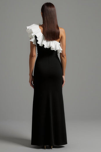 Black and White Ruffled One Shoulder Long Formal Dress