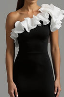 Load image into Gallery viewer, Black and White Ruffled One Shoulder Long Formal Dress