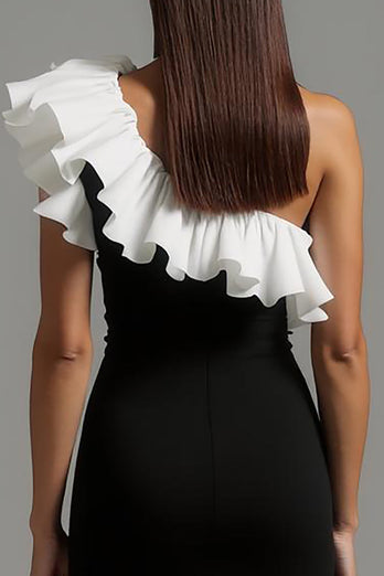 Black and White Ruffled One Shoulder Long Formal Dress