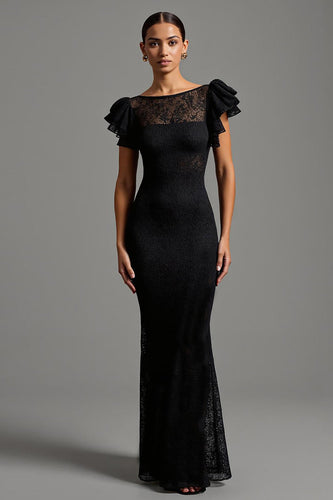 Black Sheath Lace Boat Neck Long Formal Dress with Ruffles