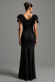 Black Sheath Lace Boat Neck Long Formal Dress with Ruffles