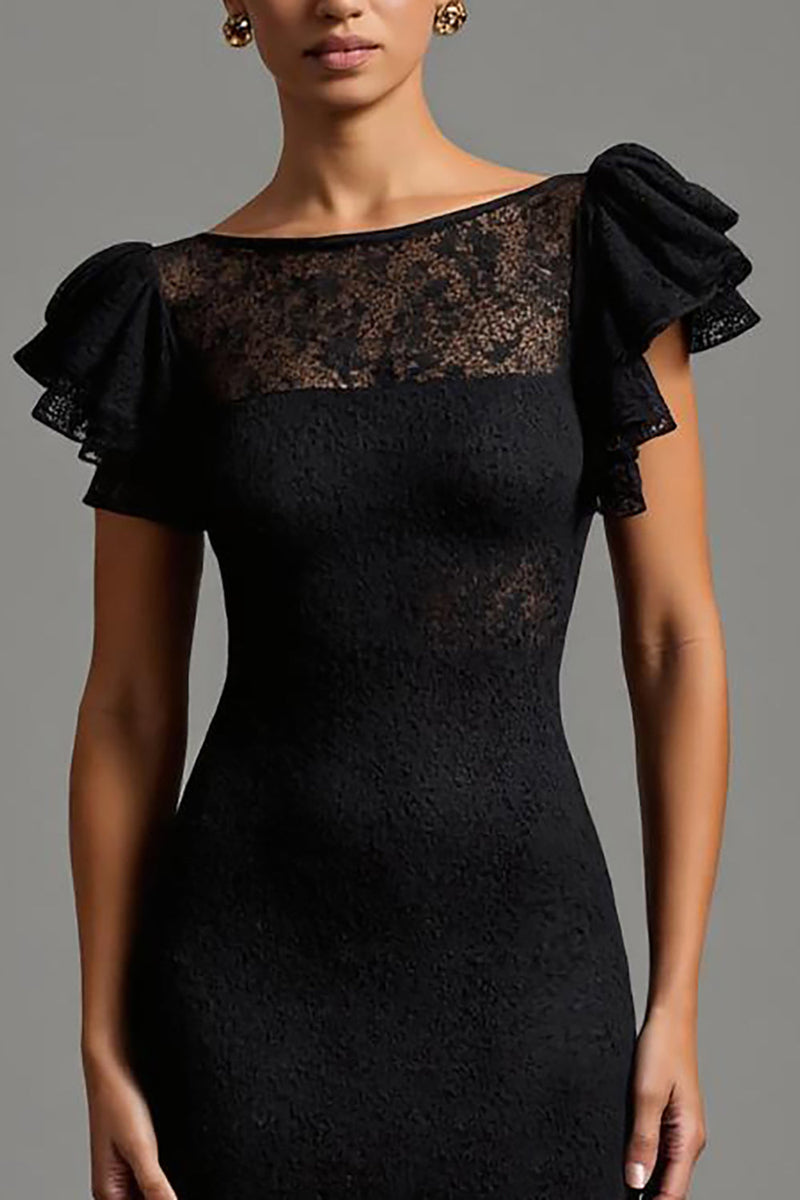 Load image into Gallery viewer, Black Sheath Lace Boat Neck Long Formal Dress with Ruffles