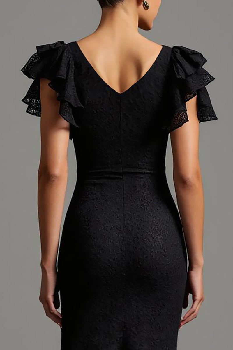 Load image into Gallery viewer, Black Sheath Lace Boat Neck Long Formal Dress with Ruffles