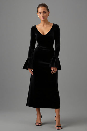 Black Sheath V Neck Velvet Long Formal Dress with Sleeves