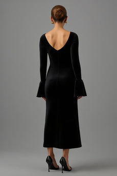 Black Sheath V Neck Velvet Long Formal Dress with Sleeves