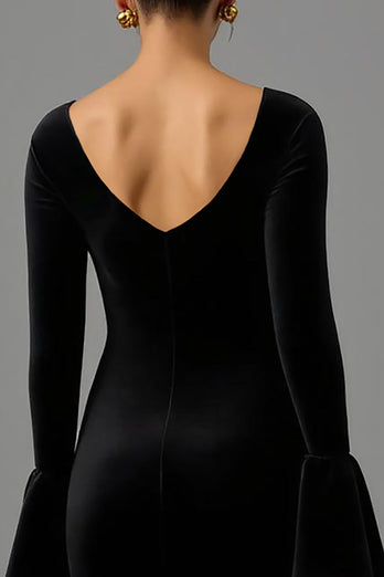 Black Sheath V Neck Velvet Long Formal Dress with Sleeves