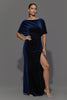 Load image into Gallery viewer, Navy Sheath Velvet Ruched Long Formal Dress with Slit