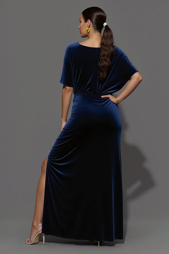Navy Sheath Velvet Ruched Long Formal Dress with Slit