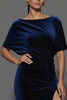 Load image into Gallery viewer, Navy Sheath Velvet Ruched Long Formal Dress with Slit