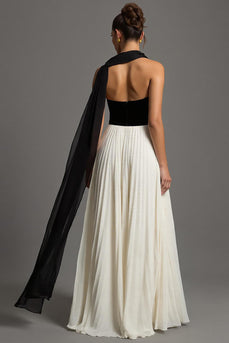 Black and White A Line Chiffon Sweetheart Pleated Long Formal Dress