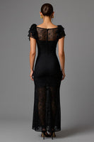 Load image into Gallery viewer, Black Lace Sheath Boat Neck Long Formal Dress with Ruffles