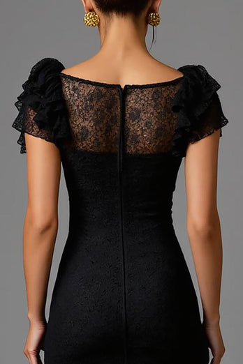 Black Lace Sheath Boat Neck Long Formal Dress with Ruffles