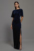 Load image into Gallery viewer, Navy Velvet Bateau Neck Sheath Long Formal Dress with Slit