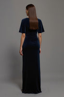 Load image into Gallery viewer, Navy Velvet Bateau Neck Sheath Long Formal Dress with Slit