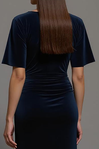 Navy Velvet Bateau Neck Sheath Long Formal Dress with Slit