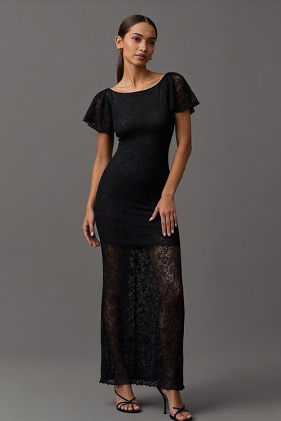 Black Sheath Boat Neck Lace Long Formal Dress with Ruffles