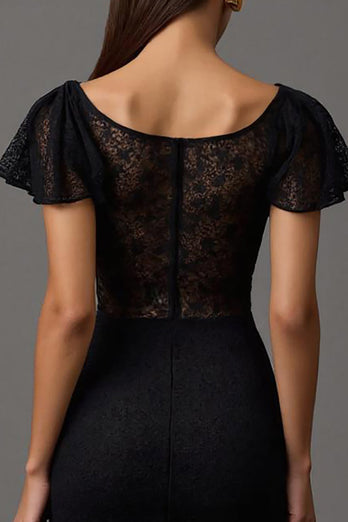 Black Sheath Boat Neck Lace Long Formal Dress with Ruffles