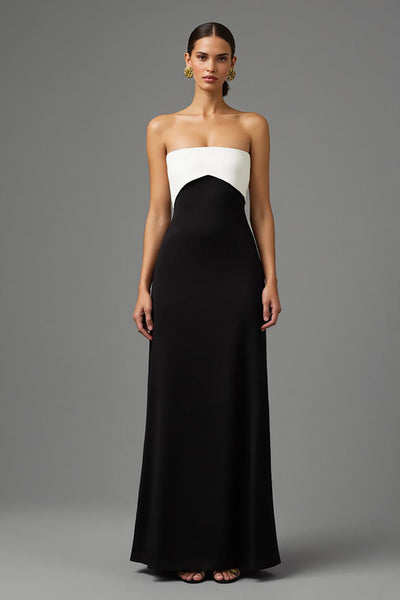Simple Black and White Long Strapless Formal Dress with Bow
