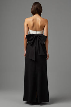 Simple Black and White Long Strapless Formal Dress with Bow