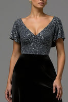 Load image into Gallery viewer, Sparkly Black and Grey A Line Velvet V Neck Long Formal Dress