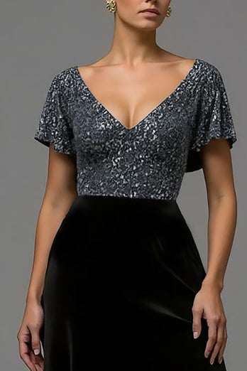 Sparkly Black and Grey A Line Velvet V Neck Long Formal Dress